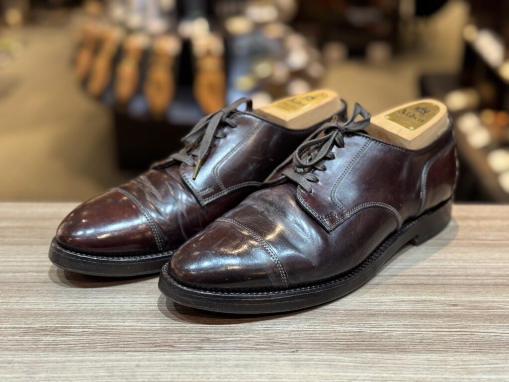 オールデンのコードバンシューズを正面寄りに捉えた全体カット。色抜けと陰影がわかる