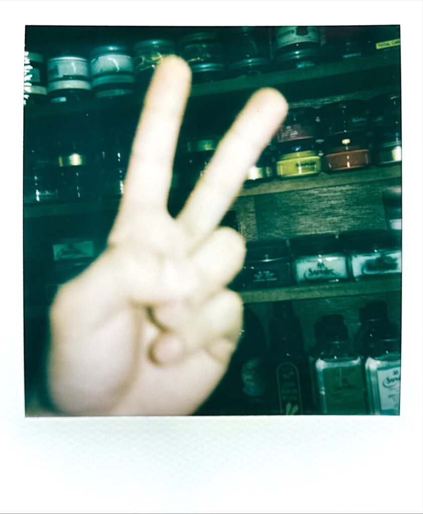 工具棚を背景にピースサインをする様子のポラロイド写真